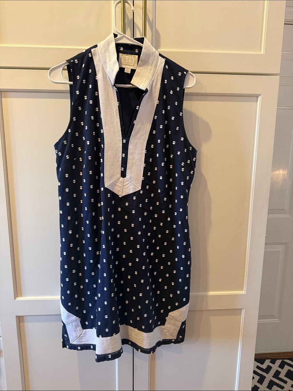 Sail to Sable Navy Sleeveless Polka Dot Dress with White Trim